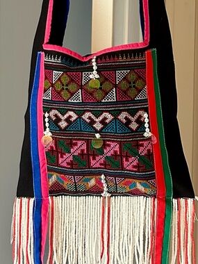 Boho Embroidered Crossbody Bag Beaded Fringe Festival Statement